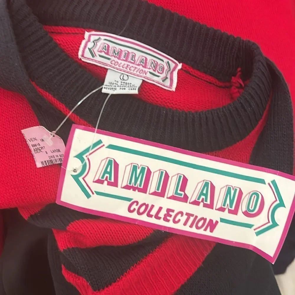 AMilano Collection Red Black Cardigan Sweater Dress Sz Large Long Sleeve Stripes - Picture 9 of 10